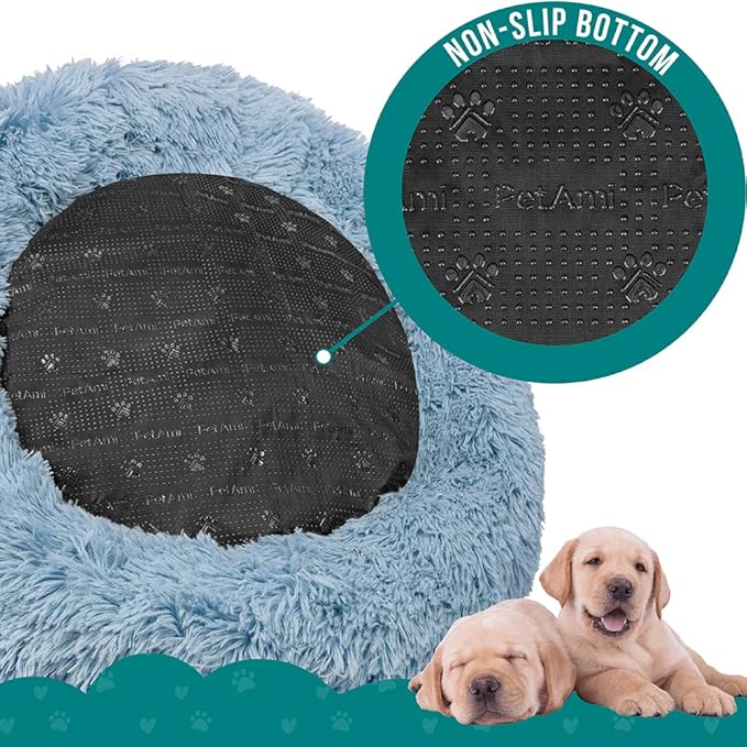 PetAmi Calming Dog Bed for Small & Medium Dogs, Cats & Puppy, Warming Round Donut Cuddler Bed, Anti-Anxiety Fluffy Shaggy Faux Fur Pet Bed, Machine Washable, Non-Slip Bottom, 30 Inch - Blue