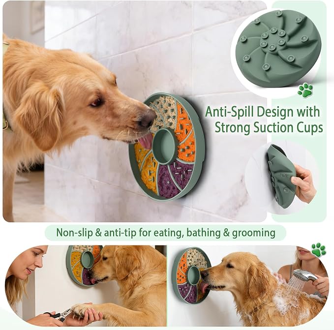 Silicone Dog & Cat Slow Feeder Bowl Lick Mat with Strong Suction Cups, Anti-Spill Design, Multi-Textured, Extend Mealtime, Reduce Anxiety, Dishwasher Safe, All Breeds & Ages (Green)