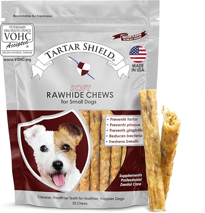 Tartar Shield® Soft Rawhide Dental Chews for Small Dogs | VOHC Accepted | Reduces Tartar, Controls Plaque & Freshens Breath | Vet Recommended | Bacon Flavor | USA Made | 30 Count