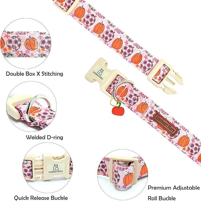 Lionheart glory Halloween Dog Collar-Pumpkin Floral Fall Pink Dog Collars with Cute Pendant Soft Adjustable Collar for X-Small Puppy Dogs Female Male Collars Party Pet Gift