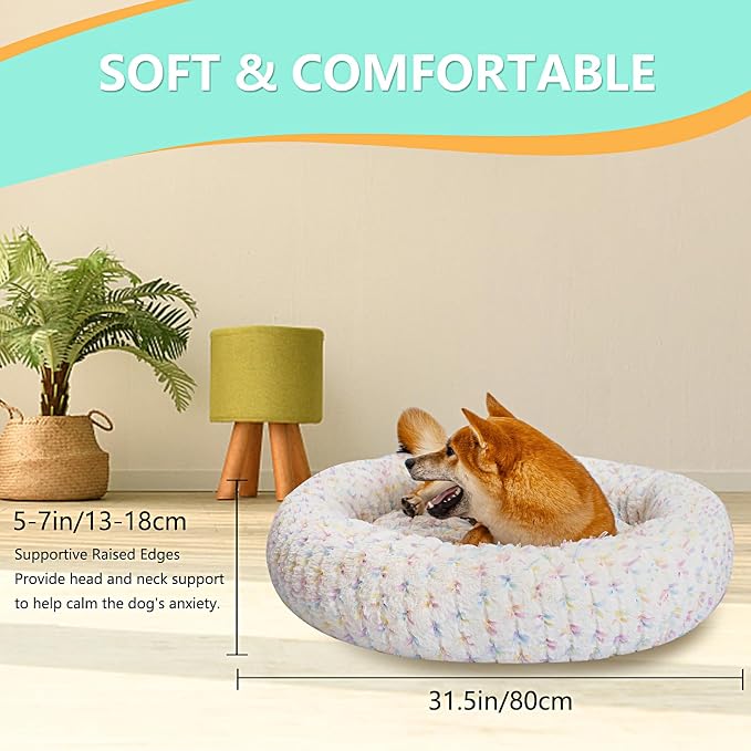 31 Inch Calming Dog Bed for Medium Dogs, Round Anti-Anxiety Warm Bed, Soft Cozy Anti-Slip Donut Washable Pet Bed, Fits up to 50 lbs Pets