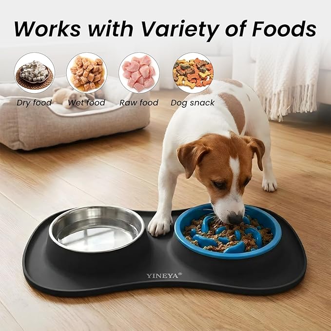 YINEYA 3 in 1 Slow Feeder Dog Bowls & Stainless Steel Food and Water Bowl with Non-Spill Dog Bowl Mat, Anti-Choking Puppy Bowls, Floor Safe & Easy Clean for Large Medium Small Dogs Cats