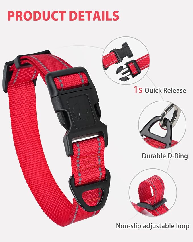 Joytale Small Dog Collar, Durable Double-Sided Reflective Nylon Collar for Night Safety, Adjustable Quick-Release for Active Breeds, Red, S (3/4" Width)