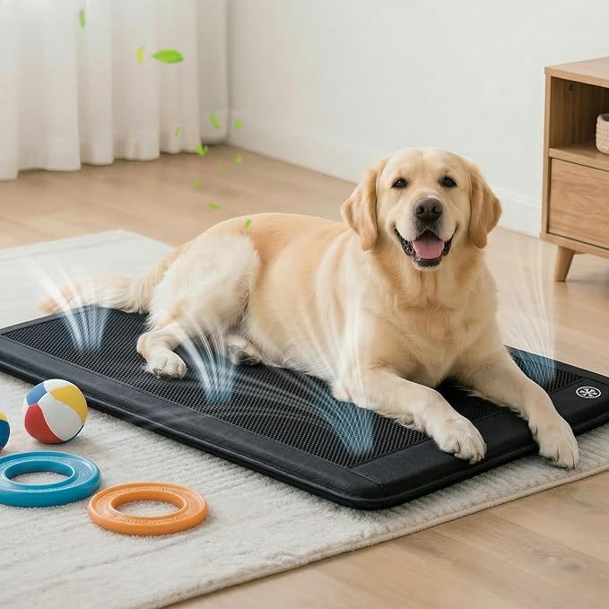 Electric Dog Cooling Mat, 30"x24" Pet Cooling Mat Indoor with Fan for Dogs and Cats, 3 Cooling Levels, Non-Slip Chill Pad for Dogs & Cats from 22–55 lbs, No Water or Refrigeration Needed