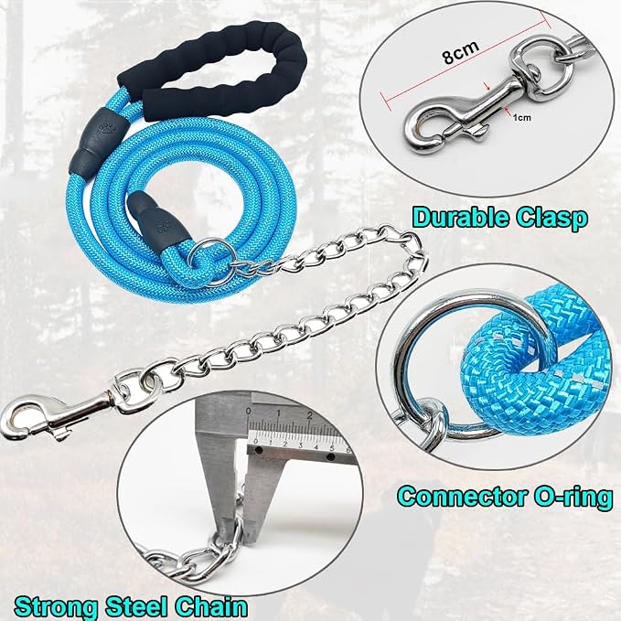 BTINESFUL 6FT Chewproof Dog Leash, Strong Nylon Rope with Anti-Chewing Chain and Padded Handle for Medium Large Dogs Outdoor Training Walking Hiking (Blue)