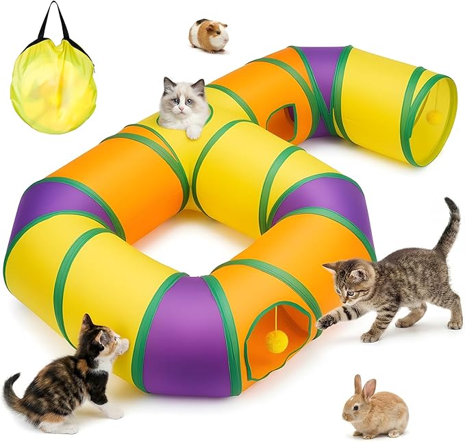 Cat Tunnel for Indoor Cats 6-Shaped, Collapsible Cat Playhouse Pet Play Tunnel Tube Maze with Hanging Pom-Poms and Interactive Hole for Kitten, Kitty, Puppy, Rabbits, Ferret, Guinea Pig