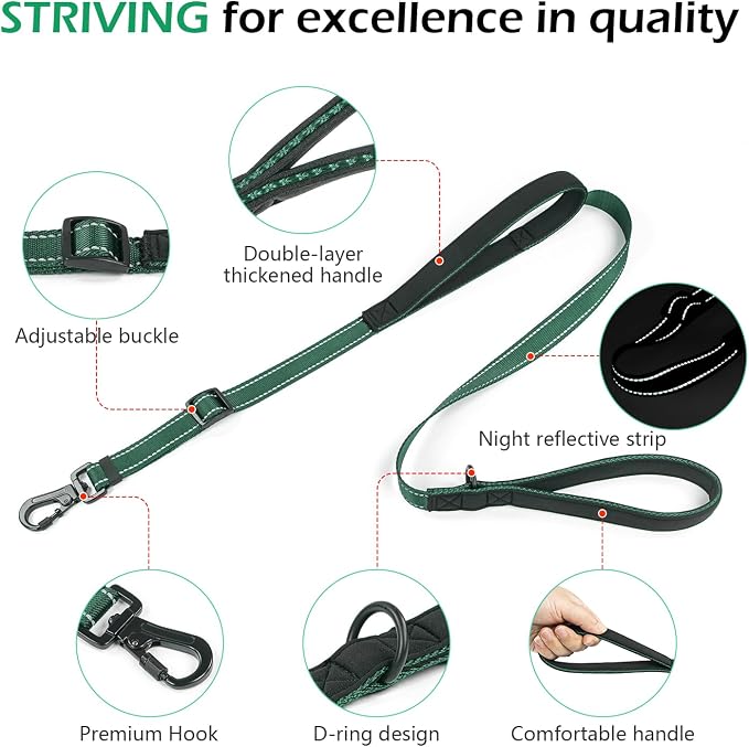 Reflective Double Handle Dog Leash for Large Dogs, Heavy Duty Adjustable Leash with Soft Padded Handles, Traffic Control Training Lead for Walking, Running (Dark Green, 4ft)
