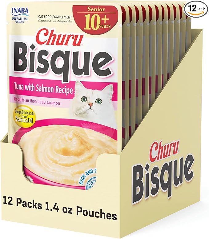 INABA Churu Bisque for Cats Senior 10+, Creamy Purée Side Dish Pouch, 1.4 Ounces per Pouch, 12 Pouches Total, Tuna with Salmon Recipe