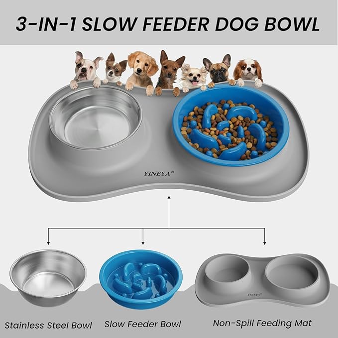 YINEYA 3 in 1 Slow Feeder Dog Bowls & Stainless Steel Food and Water Bowl with Non-Spill Dog Bowl Mat, Anti-Choking Puppy Bowls, Floor Safe & Easy Clean for Large Medium Small Dogs Cats
