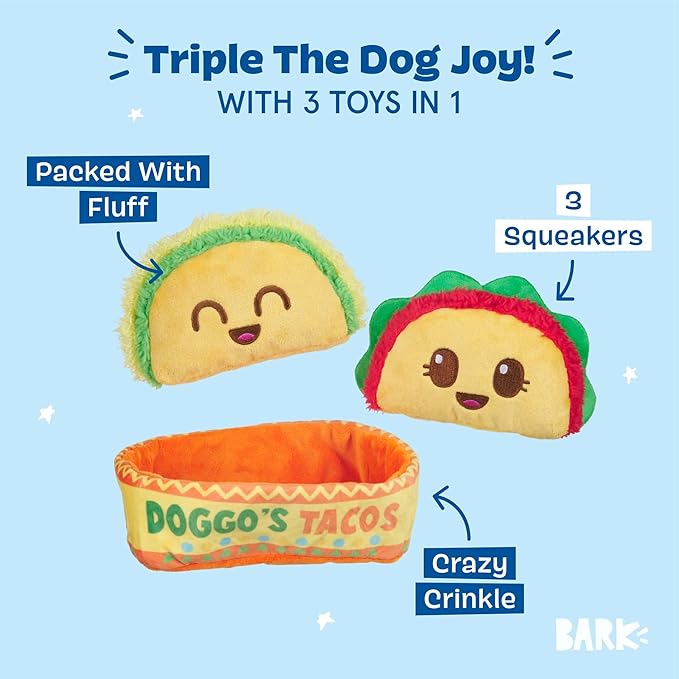 Barkbox Doggo's Tacos 3-in-1 Interactive Plush Dog Toy - Squeaky Dog Toys with Crinkle Holder - for Small to Medium Dogs and Puppies