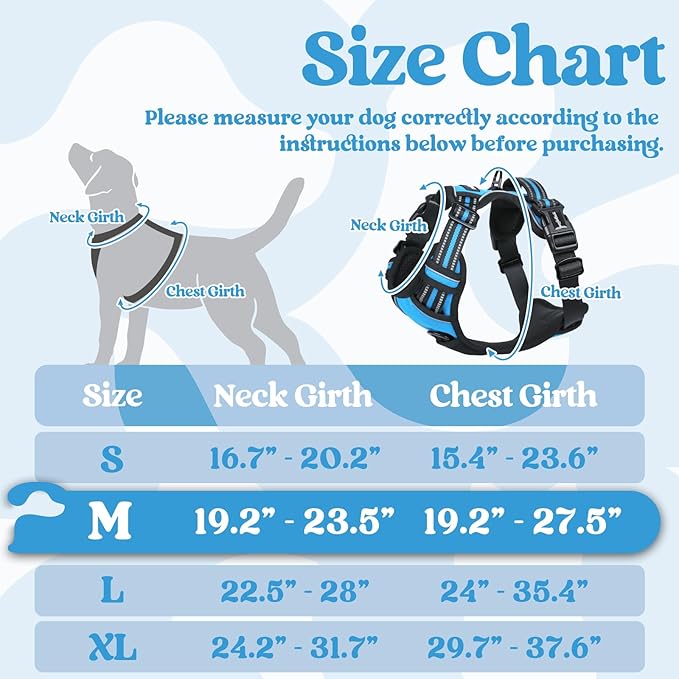 rabbitgoo Dog Harness Medium Sized, No Pull Easy On & Off with 3 Buckles Pet Harness, Adjustable Soft Walking Vest with 2 Clips and Handle, Reflective for Medium Dogs, Sky Blue, M