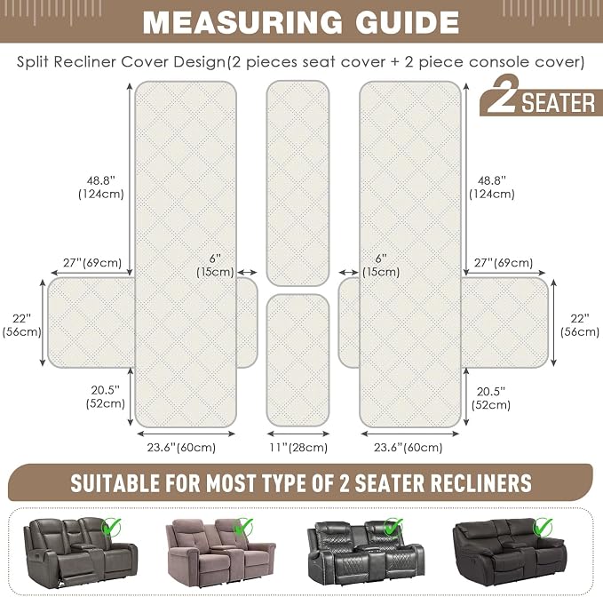 TAOCOCO Loveseat Recliner Cover with Center Console, 100% Waterproof Pet Covers for Dual Recliner with Straps Design, Split Reclining Loveseat Cover Furniture Pet&Kids Protector (2 Seater, Brown)