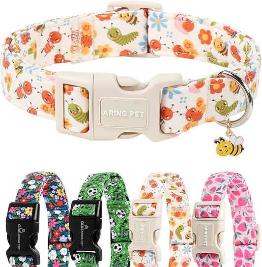 ARING PET Dog Collar, Cute Spring Summer Insects Bee Floral Doggy Collars with Quick Release Buckle for Puppy Small Medium Large Dogs-XL