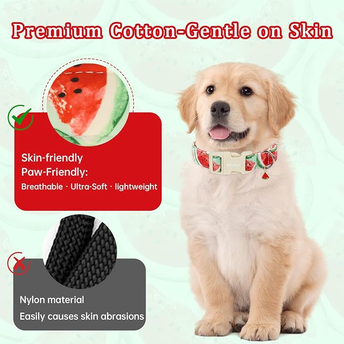 Summer Dog Collar with Watermelon, Adjustable Cotton Puppy Collars for Small Medium Large Dogs, Cute Girl or Boy Dog Collar Ideal for Gifts,Pet Accessory,L
