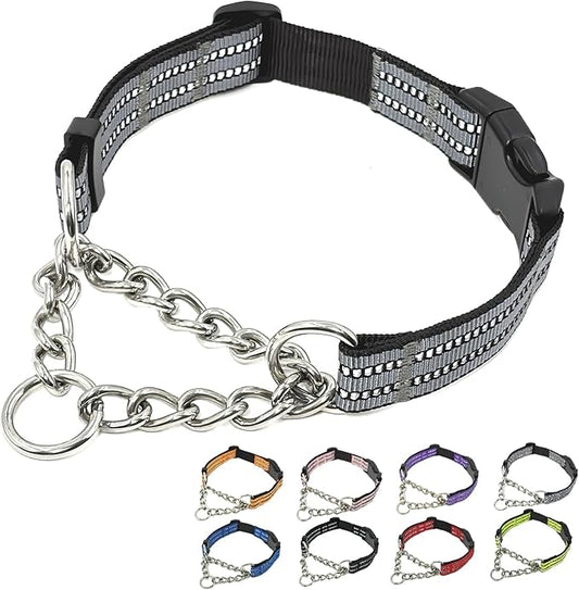 Martingale Dog Collars, Reflective Nylon Collar with Stainless Steel Chain, Adjustable Walking Training Dog Collars with Quick Release Buckle, Suitable for Small Medium Large Dogs(Gray,XL)