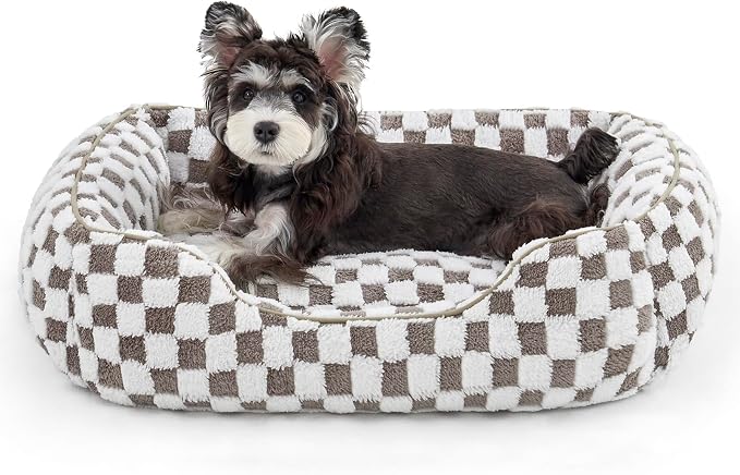 JOEJOY Dog Beds for Small Dogs -Cute Cat Beds for Indoor Cats Calming Pet Beds, Rectangle Orthopedic Cuddle Puppy Bed with Jacquard Shaggy Plush & Anti Slip Bottom, 20x19x6inches, Cofffee