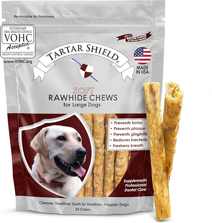 Tartar Shield® Soft Rawhide Dental Chews for Large Dogs | VOHC Accepted | Reduces Tartar, Controls Plaque & Freshens Breath | Vet Recommended | Bacon Flavor | USA Made | 24 Count