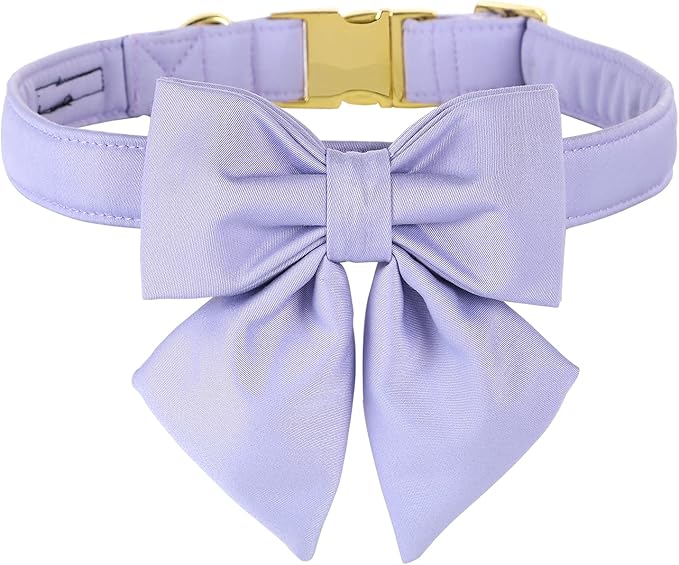 Maca Bates Violet Dog Collar with Cute Lavender Solid Sailor Bow Tie,Medium Girl Boy Dogs,Girly Adjustbale Durable Breakaway Soft Collars with Bowtie for Female Male Puppy,Pet with Metal Buckle