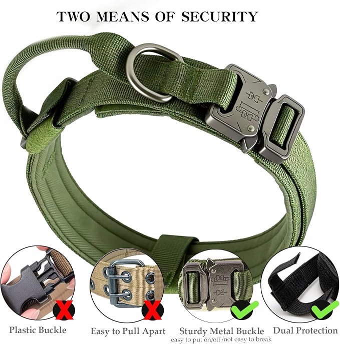 Tactical Dog Collar Adjustable Military Nylon Dog Collar with Control Handle and Heavy Duty Metal Buckle for Medium and Large Dogs (Green,XXL)
