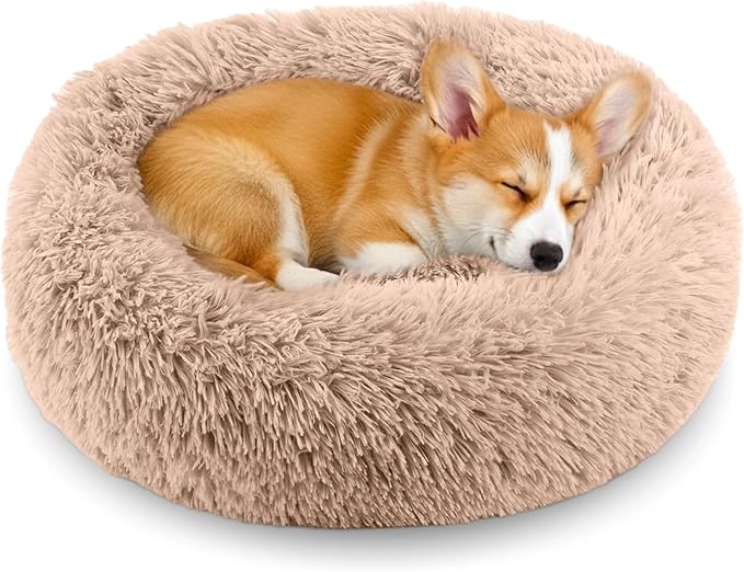 Calming Donut Dog and Cat Bed for Indoor Cats, Anti-Anxiety Round Fluffy Soft Washable Small Medium Pet Bed for Puppy & Kitten, Warming Comfortable Luxury Anti-Slip Waterproof Mute Base 24in (Camel)