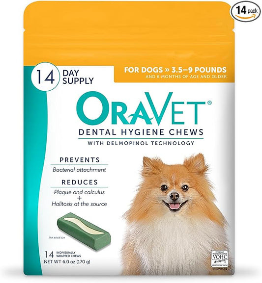 ORAVET Dental Chews for Dogs, Oral Care and Hygiene Chews (Extra Small Dogs, 3.5-9 lbs.) Yellow Pouch, 14 Count