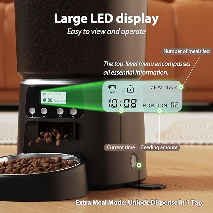 Petrice Automatic Cat Feeder, 4L/16Cups Cat Food Dispenser with Stainless Steel Bowl Programmable 30 Portions 6 Meals per Day, Timed Pet Feeder for Kitty Small Dogs with 10S Voice Record, Black