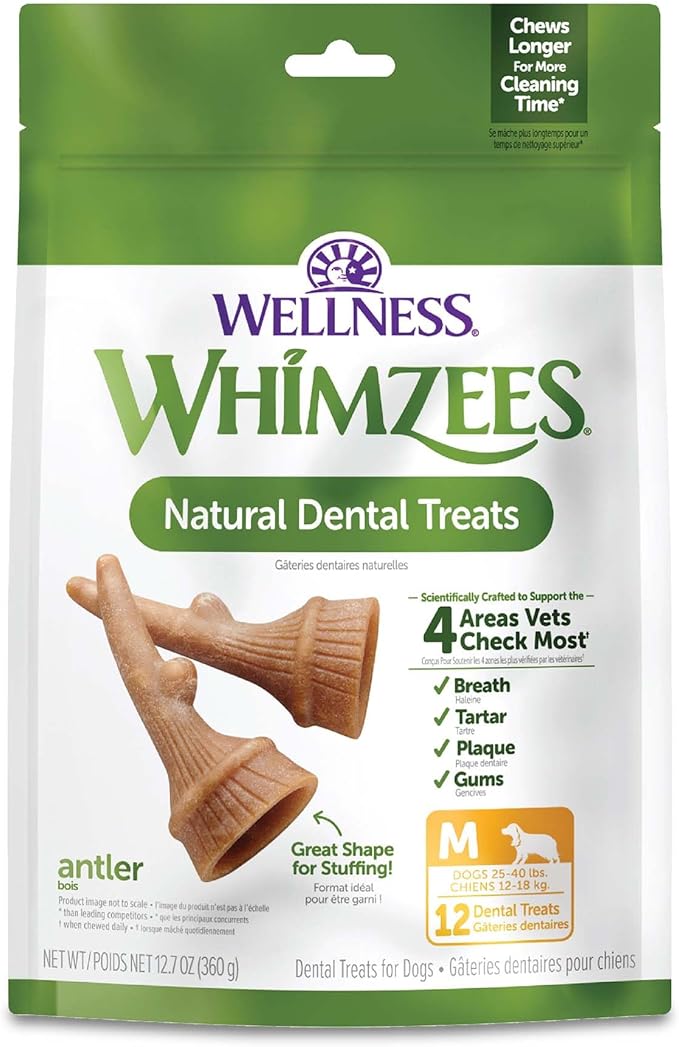 Wellness WHIMZEES Antler Occupy Natural Dog Dental Treat, Chews, Freshens Breath, Medium Size, 12.7 oz Bag, 12 Count
