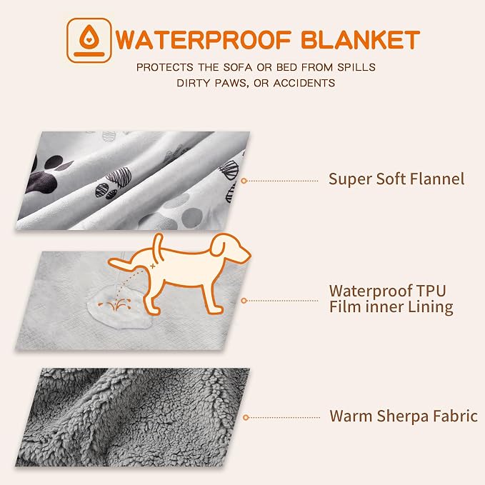 Waterproof Dog Blankets Pet Blanket, 30"x40" Cat Blanket for Indoor Cats, Soft Fluffy Sofa Car Bed Protector, Reversible Sherpa Fleece Puppy Blanket for Small Medium Dogs(Light Grey-Paws)