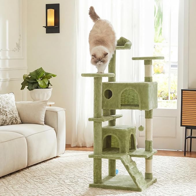 DUMOS 54 Inch Cat Tree Tower, Indoor Multi-Level Pet House for Large Cats Tree with 2 Condos, Scratching Posts, Round Platform, Small Ladder, and Toys, Green