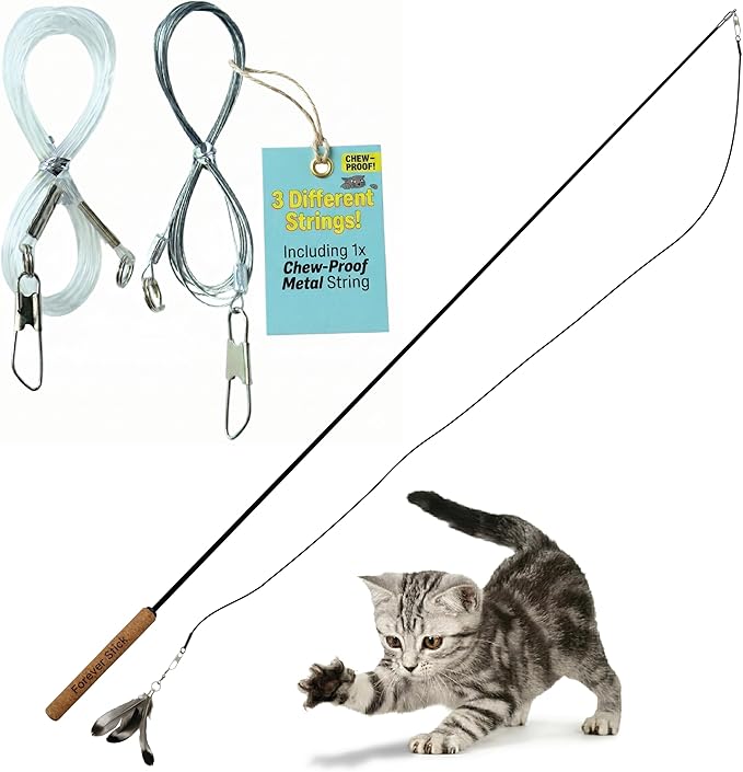 Forever Stick and 3 Strings including Chew Proof Metal Wire - The Unbreakable Cat Wand Toy, Durable Cat Toy Wand, Extra Long Cat String Toy, Cat Fishing Pole Toy for Bored Indoor Adult Cats, Stick Toy