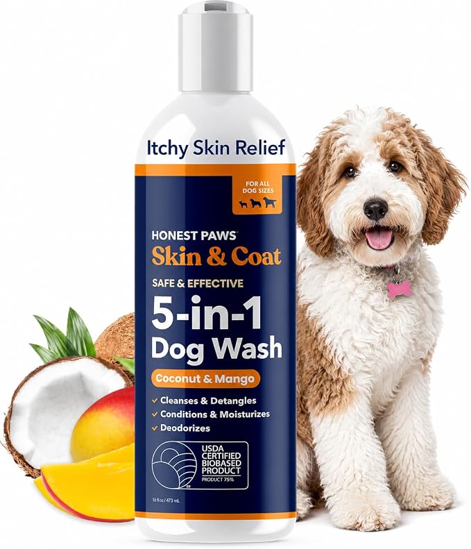 Honest Paws Dog Shampoo and Conditioner - Premium Dog Wash for Allergies and Dry, Itchy, Moisturizing for Sensitive Skin - Sulfate Free, Plant Based, All Natural - Coconut & Mango -16 Fl Oz