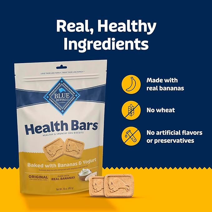 Blue Buffalo Health Bars Bananas & Yogurt Crunchy Dog Biscuits, Oven-Baked with Real Bananas & Natural Ingredients, Healthy Dog Treats with No Artificial Flavors or Preservatives, 16 oz.