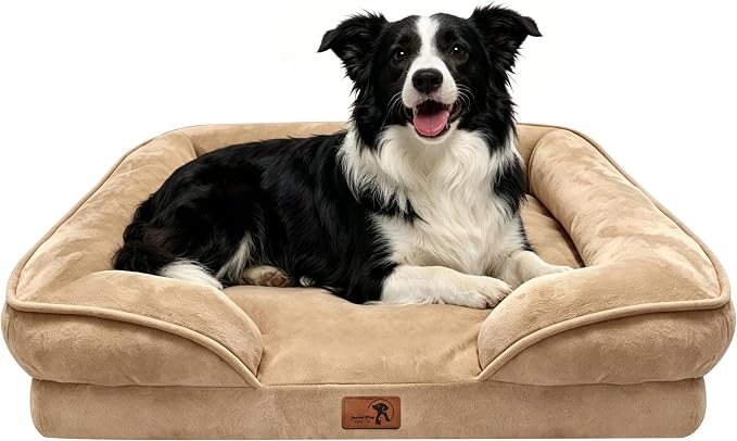 Spotted Play Orthopedic Dog Bed with Sides - Sofa Beds for Large Dogs, Supportive Foam Pet Couch Bed with Washable Removable Cover, Waterproof Lining and Non-Slip Bottom, Brown - L
