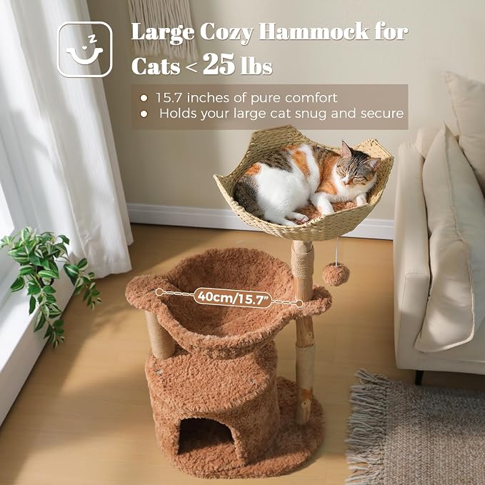 MUTTORS Modern Cat Tree for Indoor Cats, 40 Inches Natural Solid Wood Cat Tower for Large Cats, Aesthetic Cat Furniture with Top Rattan Basket, Hammock & Scratching Post, Brown