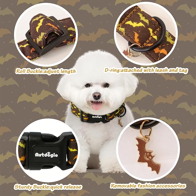 Fall Dog Collar, Halloween Dog Collars for Medium Dogs, Cotton Puppy Collar with Bat Pattern, Pet Collar for Small Medium Large Dogs, Girl Boy Dogs Collar with Quick Release Buckle-M