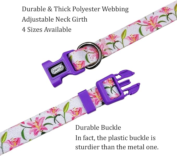 Dog Collar Leash Set, Floral Pattern, Polyester Material, Adjustable Collar and 5ft Matchcing Leash, for Puppy Dogs.(XS, Purple Lily)