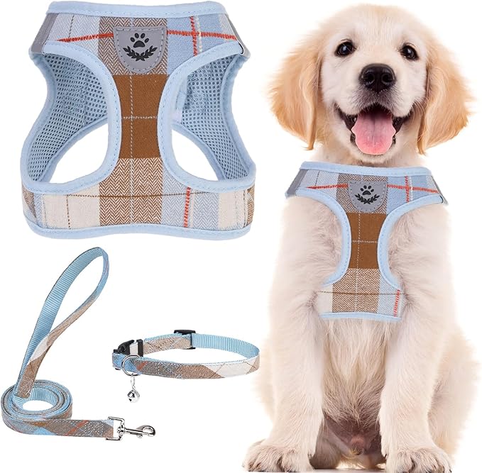 PUPTECK Adjustable Dog Harness Collar and Leash Set Step in No Pull Pet Harness for Small Medium Dogs Puppy and Cat Outdoor Walking Running, Soft Mesh Padded Reflective Vest Harnesses, BlueBrown XXS