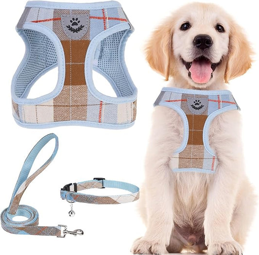 PUPTECK Adjustable Dog Harness Collar and Leash Set Step in No Pull Pet Harness for Small Medium Dogs Puppy and Cat Outdoor Walking Running, Soft Mesh Padded Reflective Vest Harnesses, BlueBrown XXS