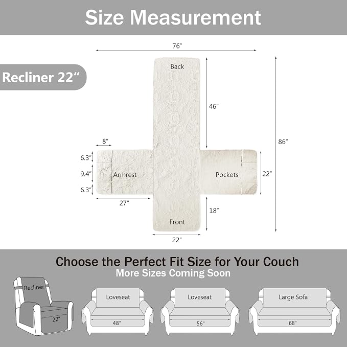 Quilted Recliner Chair Covers, Water-Repellent Slipcovers, Off White Recliner Covers Stay in Place, Pet Friendly ReclinerCover for Dogs, Washable Chair Covers (Recliner 22", Ivory White)