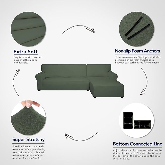 PureFit Super Stretch Sectional Couch Covers - 2 pcs Polyester and Spandex Non Slip Sofa Covers with Elastic Bottom for L Shape Sectional Sofa Couch (3 Seat Sofa + 2 Seat Chaise, Greyish Green)