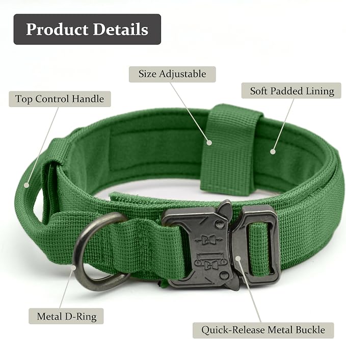 Tactical Dog Collar, Adjustable Military Training Nylon Dog Collar with Control Handle and Heavy Quick-Release Metal Buckle for Small Medium Large Dogs, Emerald Green XL