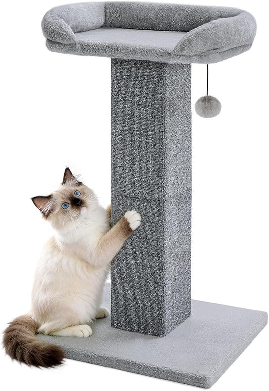Made4Pets Cat Scratching Post with Bed, 32'' Modern Cat Scratcher with Top Plush Cat Bed, Tall Cat Scratch Post for Indoor Cats, Heavy-Duty Carpet Scratching Post with Hanging Ball Toy, Grey