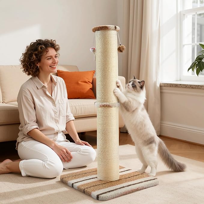 Joydeco Cat Scratching Post 34 Inches Heavy Duty and Thick Scratching Post Sisal Rope with Hanging Ball and Mice for Indoor Cats(Coffee)