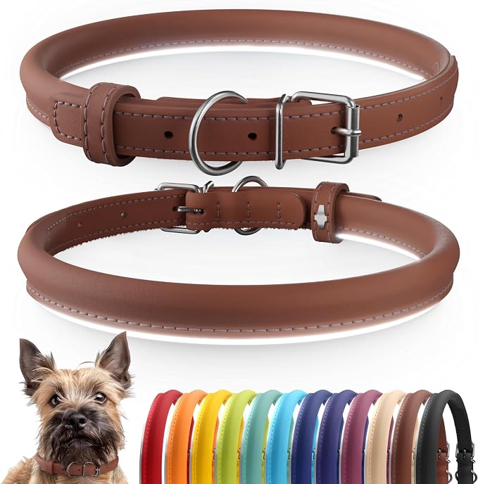 CollarDirect Reflective Rolled Leather Dog Collar, Soft Padded Round Puppy Collar, Handmade Genuine Leather Collar Dog Small Large Cat Collars 13 Colors (6-7 Inch, Cinnamon Reflective)