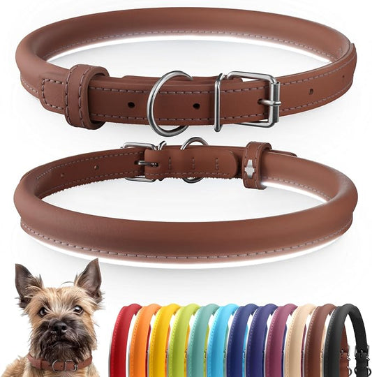 CollarDirect Reflective Rolled Leather Dog Collar, Soft Padded Round Puppy Collar, Handmade Genuine Leather Collar Dog Small Large Cat Collars 13 Colors (8-11 Inch, Cinnamon Reflective)