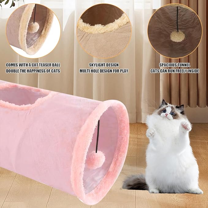Cat Tunnel,Indoor Cat Play Tube Toys with Play Ball,Durable Collapsible Rabbit Hideaway Tunnel for Kitten,Bunny, Guinea Pig, Rat, Hamster, Ferret, Chinchilla (Pink)