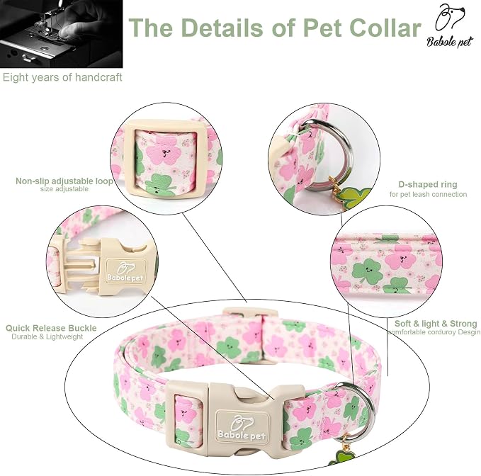 St Patricks Day Dog Collar for Small Dogs - Cute Light Pink Shamrock Girl Dog Collars, Adjustable Irish Clover Puppy Collar with Quick Release Buckle XS