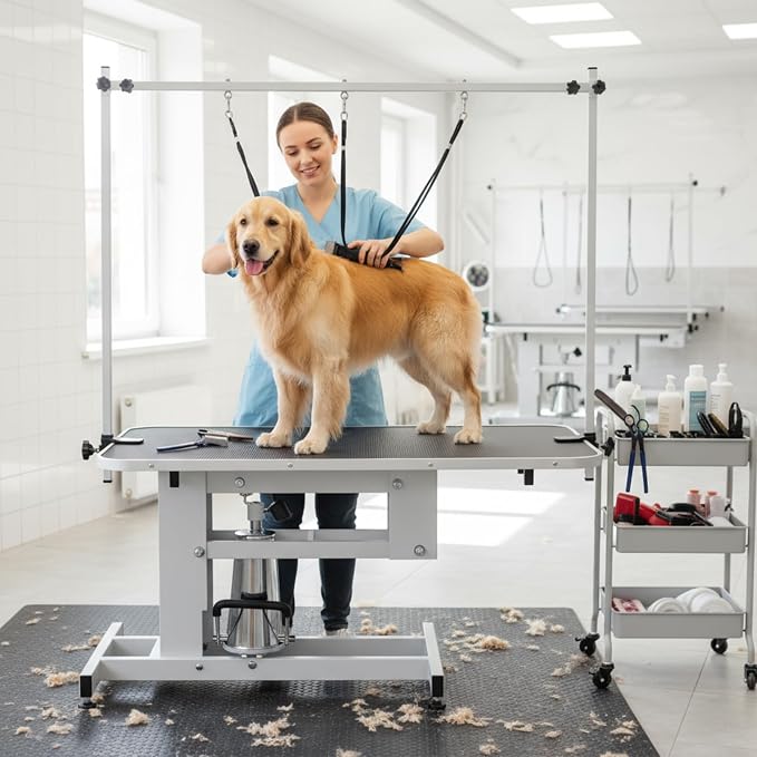 GarveeHome 43.6 in Pet Grooming Table for Large Dogs, Heavy Duty Height Adjustable Dog Grooming Table With Overhead Arm & Noose Height Range 22 in -39 in, Maximum Capacity Up to 350 LBS, White