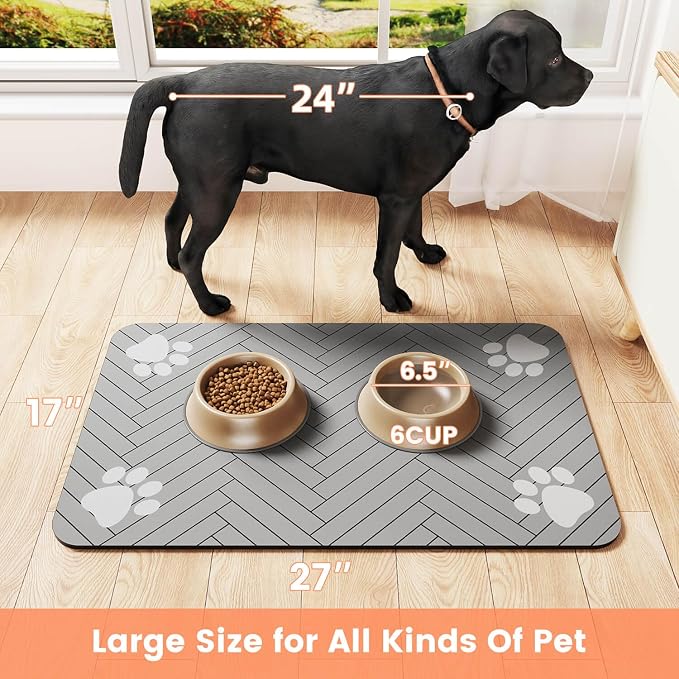 Pet Feeding Mat-Absorbent Pet Placemat for Food and Water Bowl, with Waterproof Rubber Backing, Quick Dry Water Dispenser Mat for Dog and Cat (32"x22", Striped Light Gray)