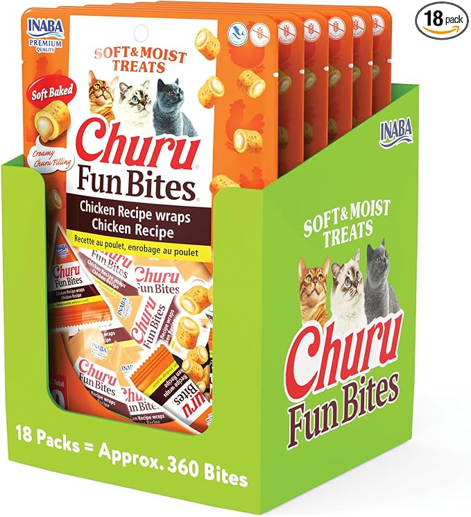 INABA Churu Fun Bites for Cats, Soft & Chewy Cat Treats with Taurine, 0.42 Ounces Each Tetra, 18 Tetras (3 per Bag), Chicken Recipe